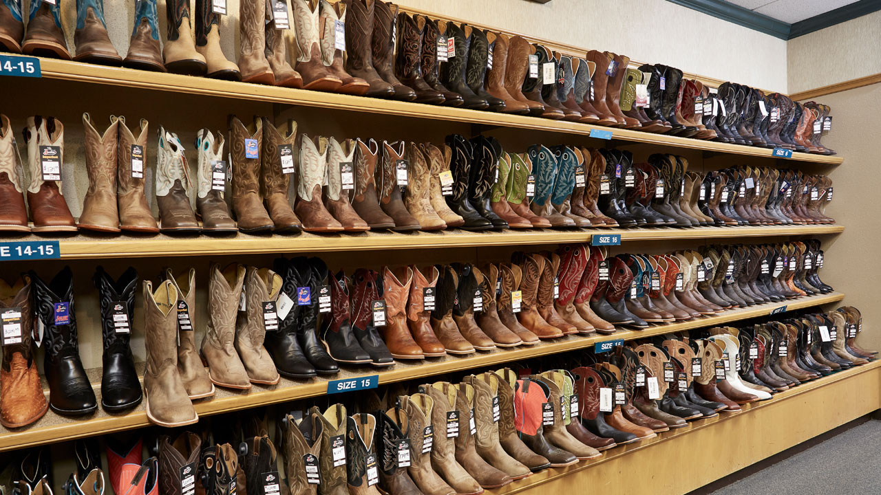 Women's boot lineup on a shelf