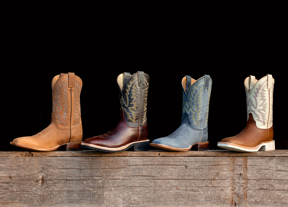 Featured styles: Men’s Rancho 11” Western in grey, Men’s Rancho 11” Western in tan, Trainor 11” Western cowboy boots in light brown and Trainor 11” Western cowboy boots in dark brown.