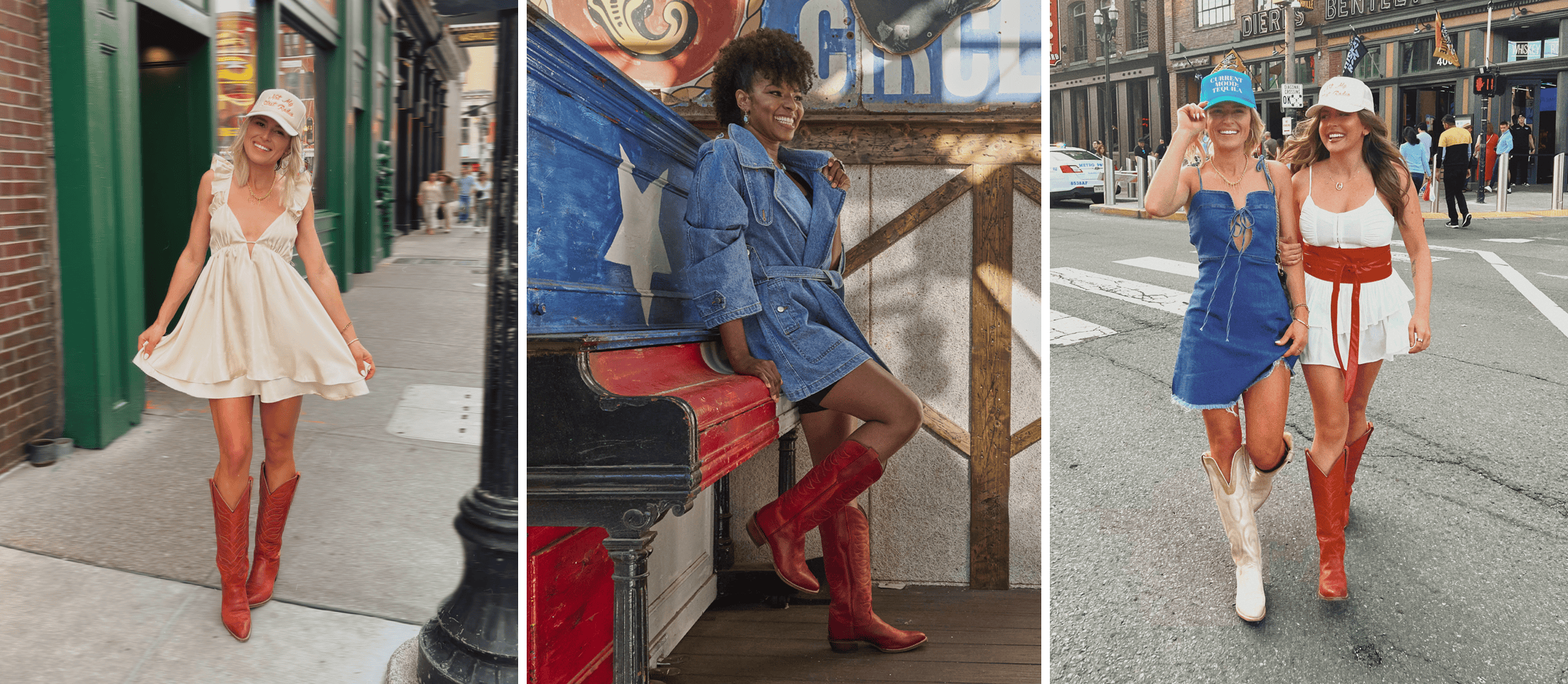 A photo montage of women wearing Justin Vintage western boots while walking on the streets of Nashville Tennessee.