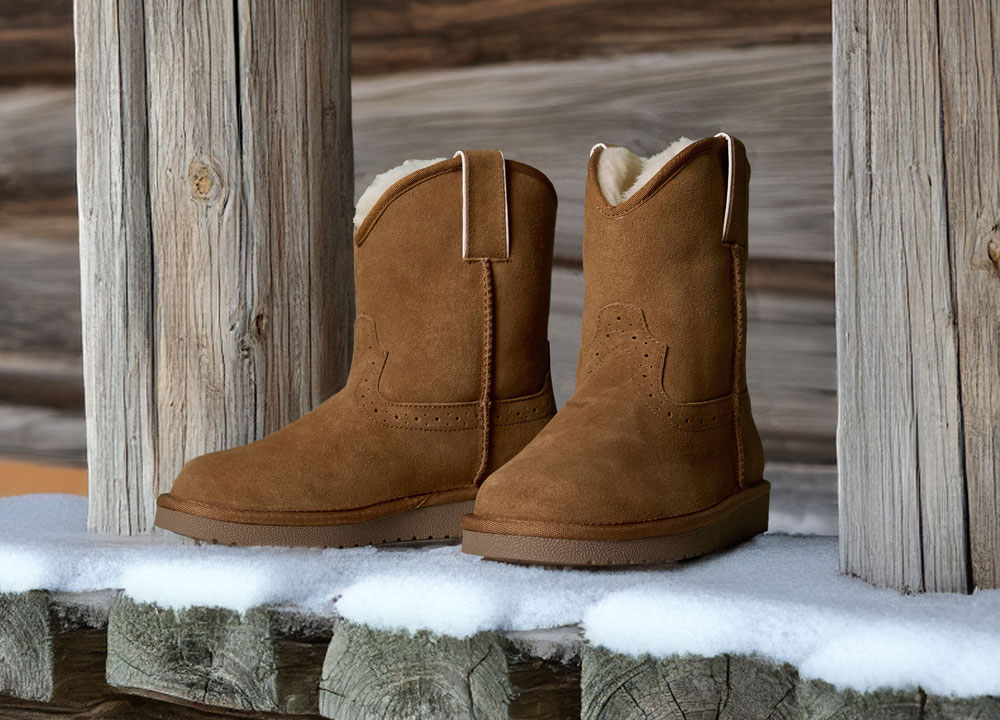 Justin gypsy shearling lined boots on a porch made of wood.