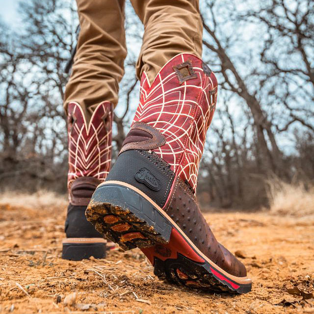 Justin Boots' Derrickman 11-inch Composite Toe Waterproof Work Boots in red and brown. Shop Derrickman.