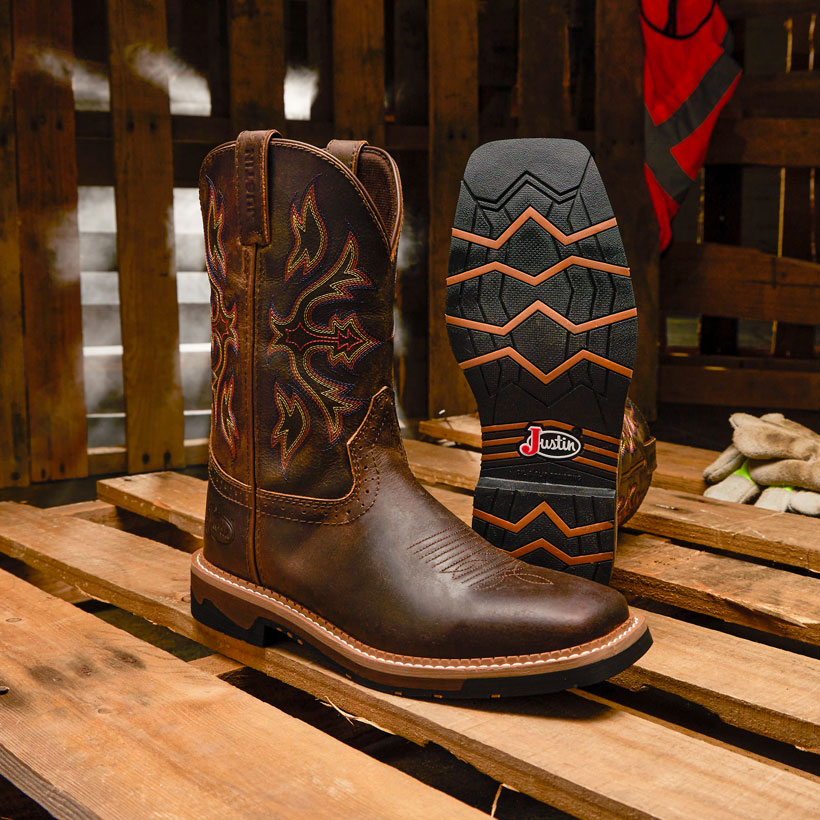 A pair of Flash 11" Work boots in the color brown.