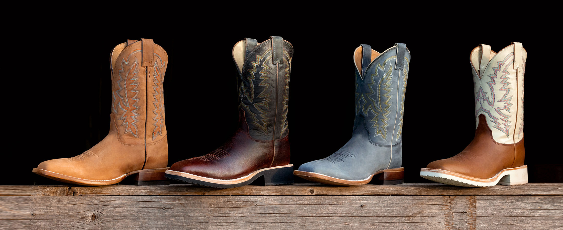 Featured styles: Men’s Rancho 11” Western in grey, Men’s Rancho 11” Western in tan, Trainor 11” Western cowboy boots in light brown and Trainor 11” Western cowboy boots in dark brown.