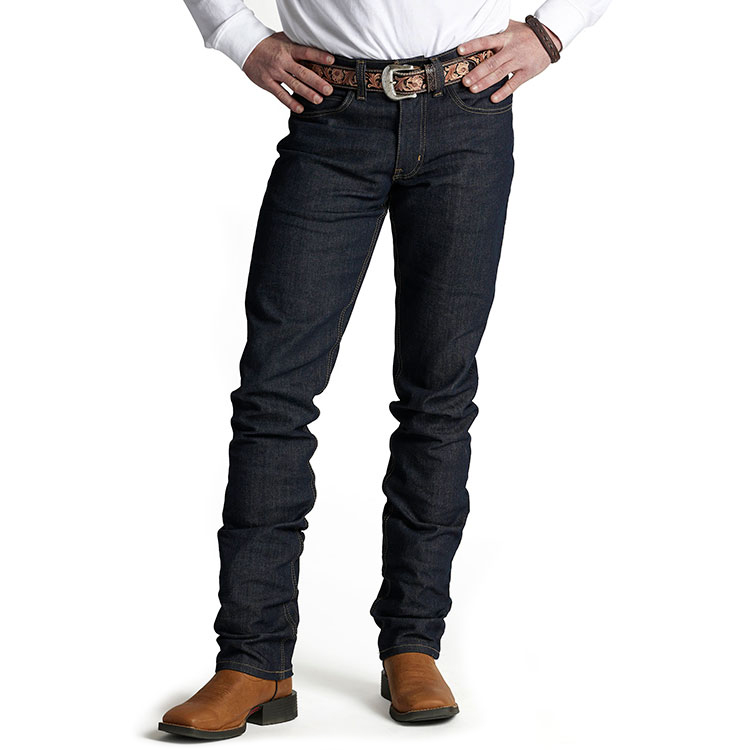 Man wearing slim jeans in dark Indigo.