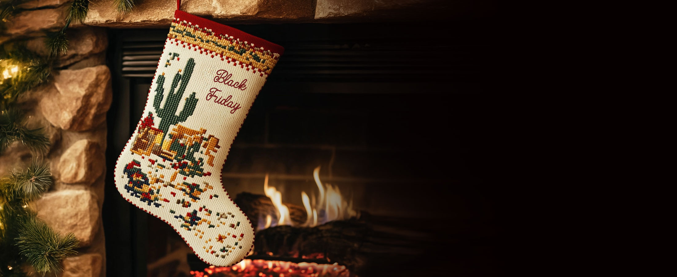 A cozy fireplace scene with greenery and a white stocking with a cactus on it that reads "Black Friday."