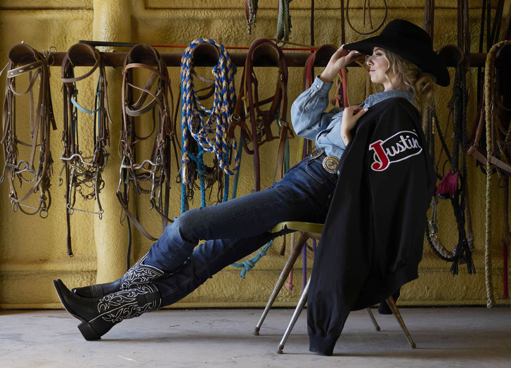 Featured style: Women’s Josephine 12” western boot in black and Men's Logo Bomber Jacket in black.