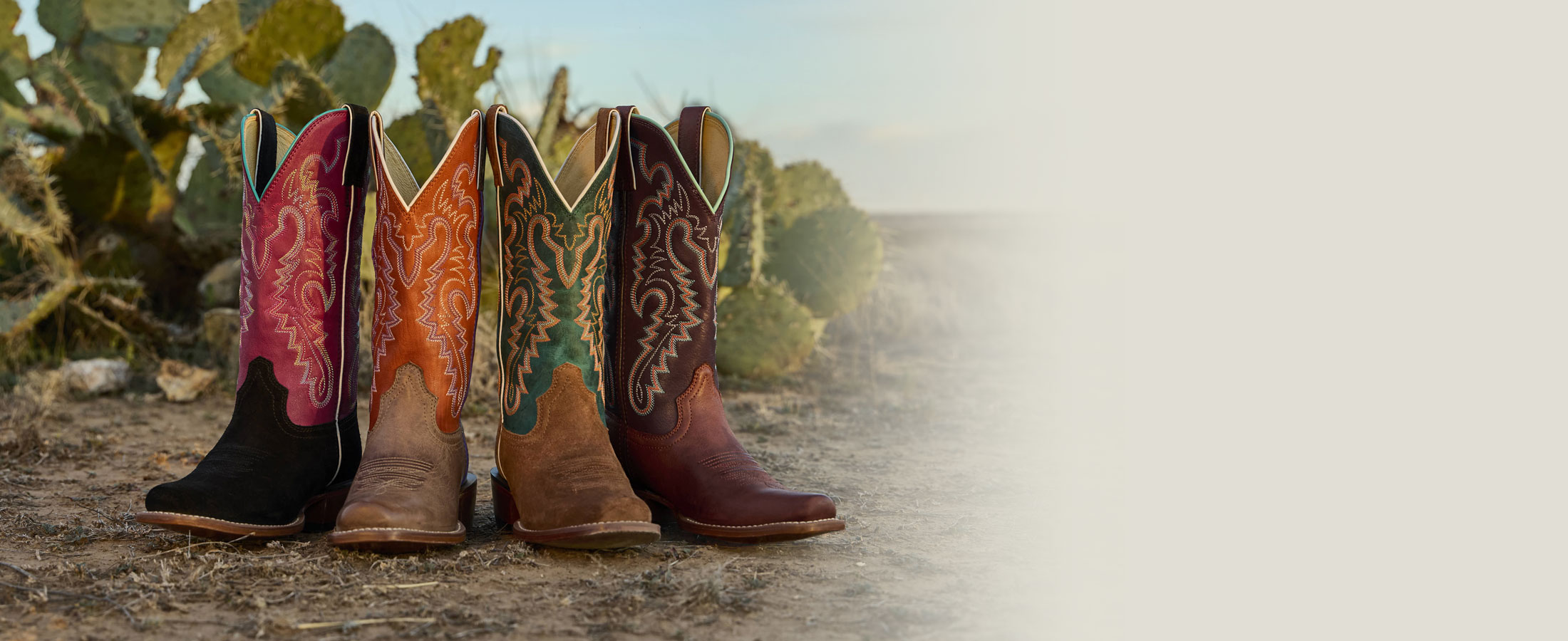 A group of Justin women’s Frontier western boots displayed in a desert.