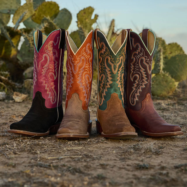 A lineup of the Annie Up Frontier Western Boot shown in Midnight (Black), Breaking News Frontier Western Boot shown in Golden Oak, Annie Up Frontier Western Boot in Sedona (Tan), and the Breaking News Frontier Wester Boot in Mahogany. Shop Women's Frontier.