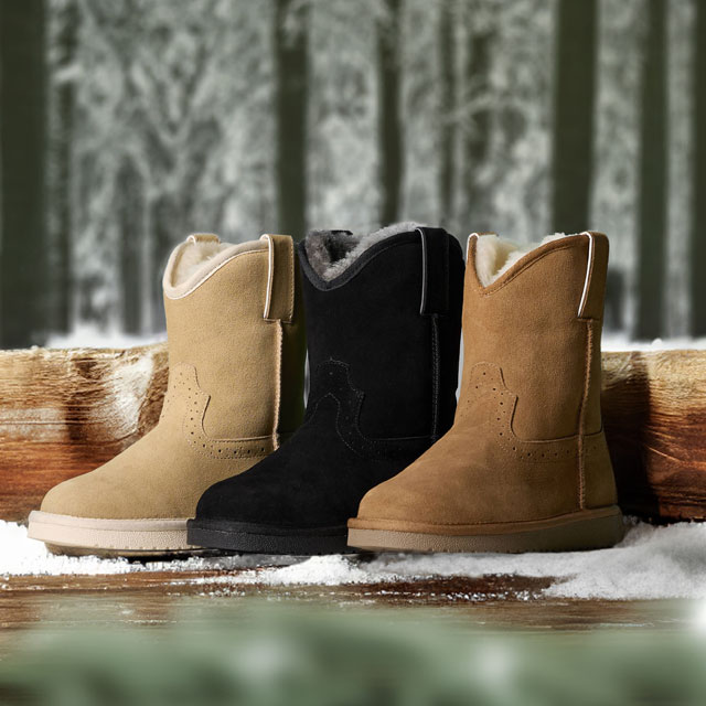 Heidi 8" Suede Shearling boot in chestnut brown, Heidi 8" Suede Shearling boot in black and Heidi 8" Suede Shearling boot in tan. Shop Heidi.