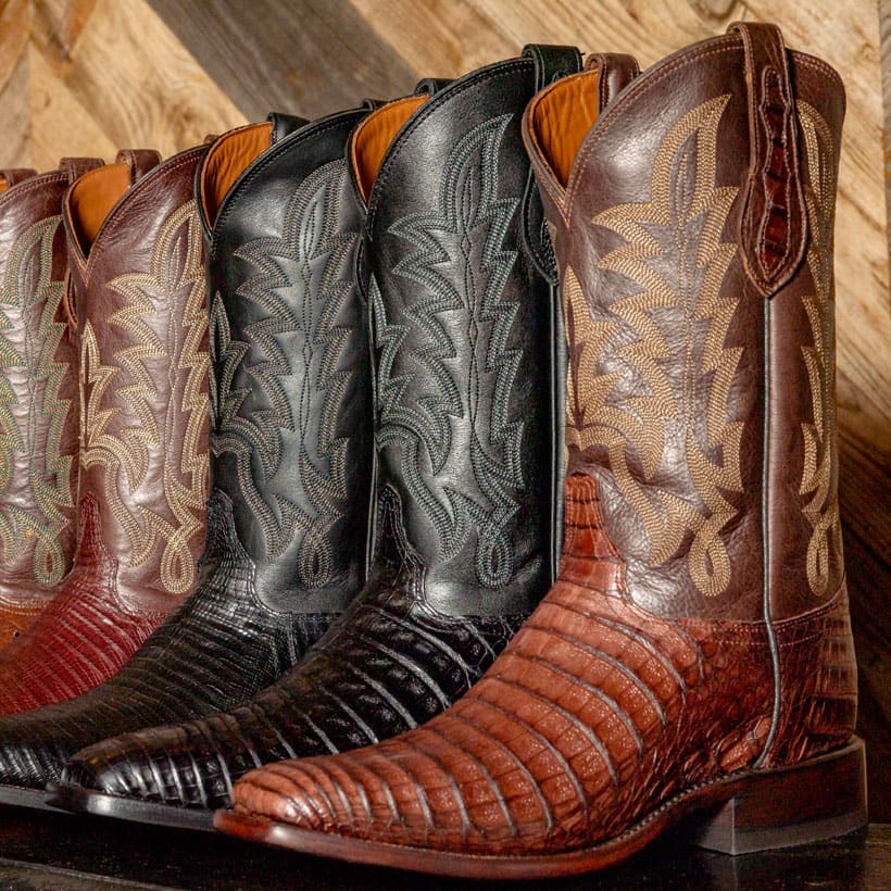 Men’s George Strait Panama 12” Caiman cowboy boots in brown, Reposado 12” Lizard cowboy boots in brown, and Rancher 12” ostrich cowboy boots in brown and black posed in a line on a table.