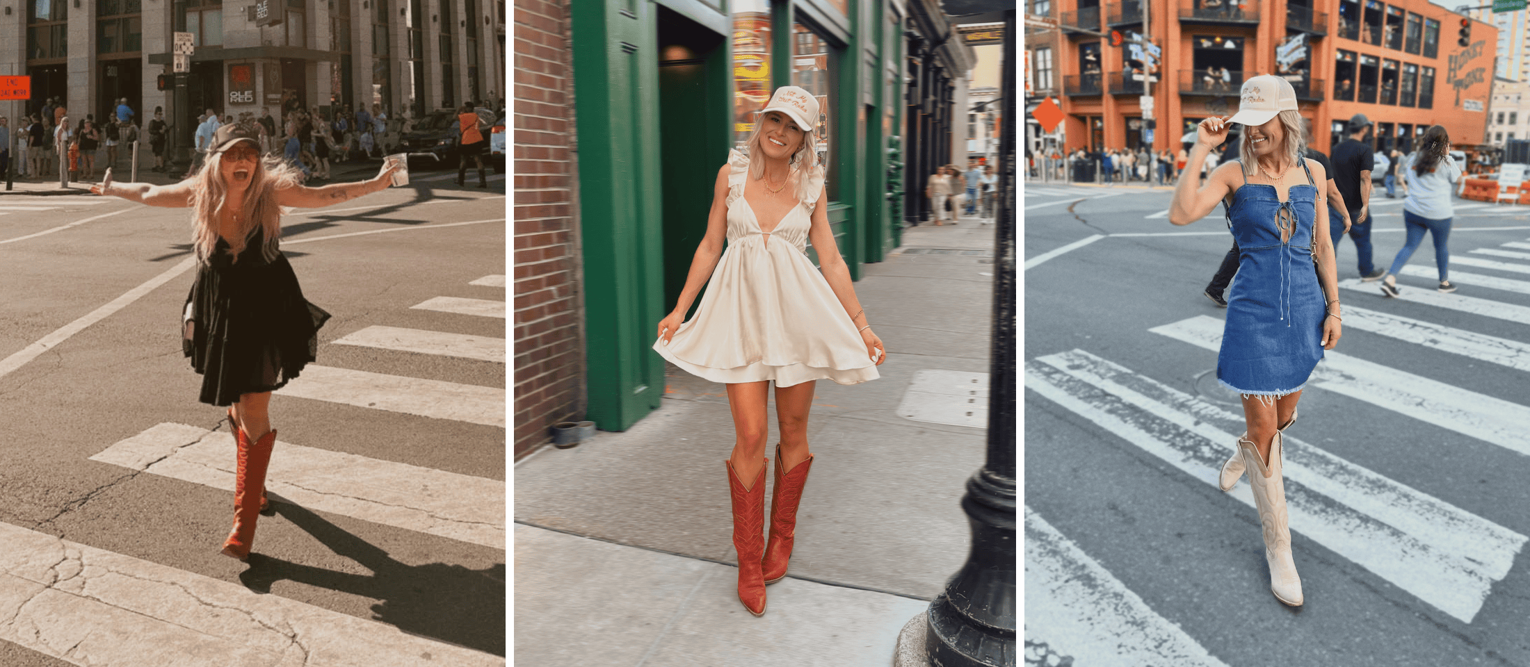 Un montaje fotográfico de mujeres con botas vaqueras Justin Vintage mientras caminan por las calles de Nashville, Tennessee.