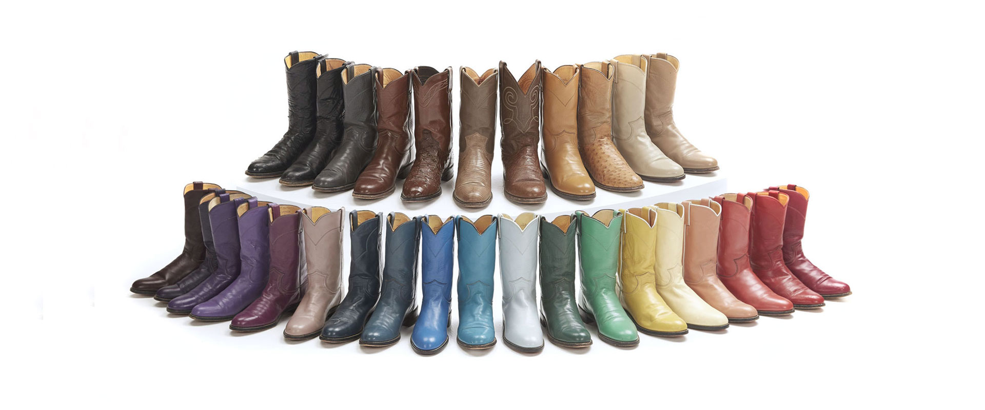 an array of roper boots in every color of the rainbow.